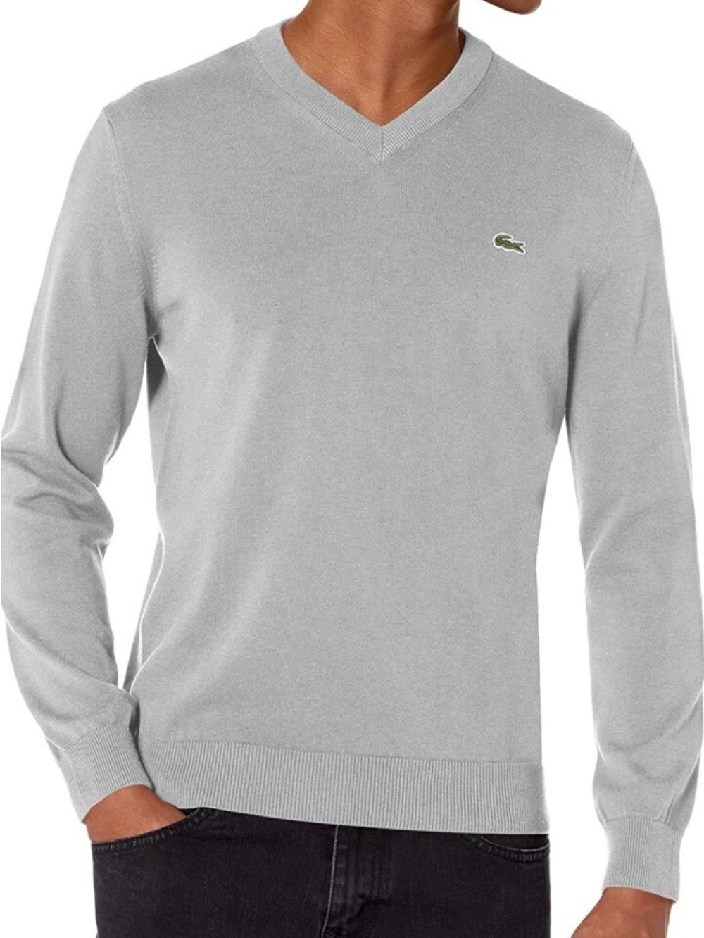 Lacoste Men’s Gray 100% Cotton V-Neck Sweater Size 7 / XL Embroidered Crocodile